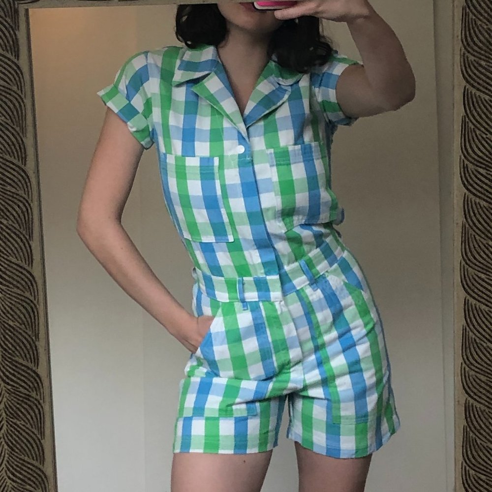 Big Bud Press Green & Blue Gingham Shorts Jumpsuit XS